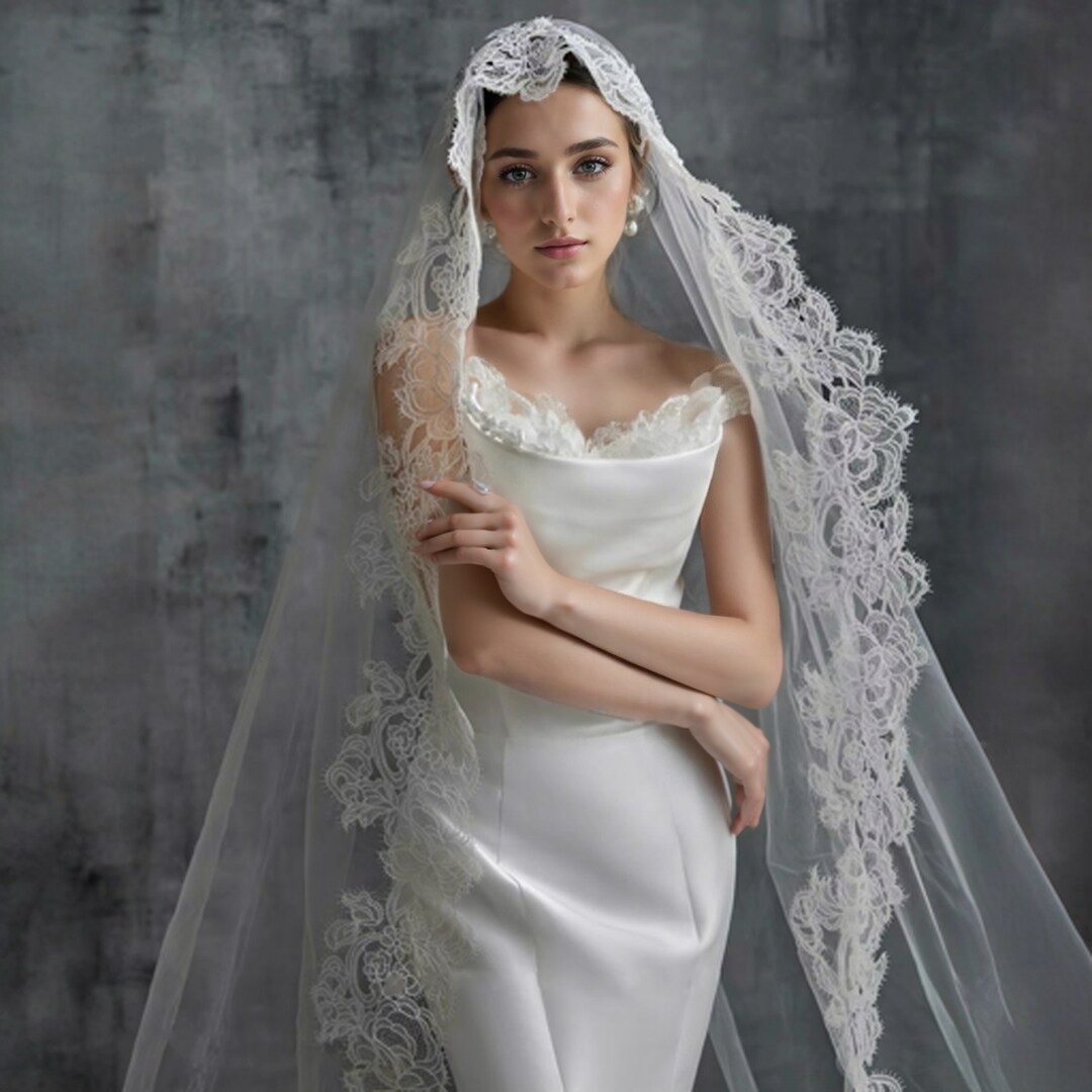 Cathedral Wedding veil, Lace wedding veil, Lace trim bridal veil
